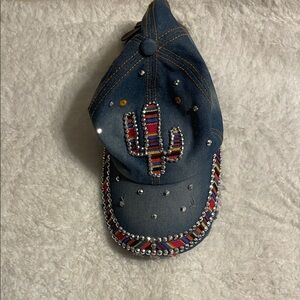 Embellished Denim Cap with Cactus Design